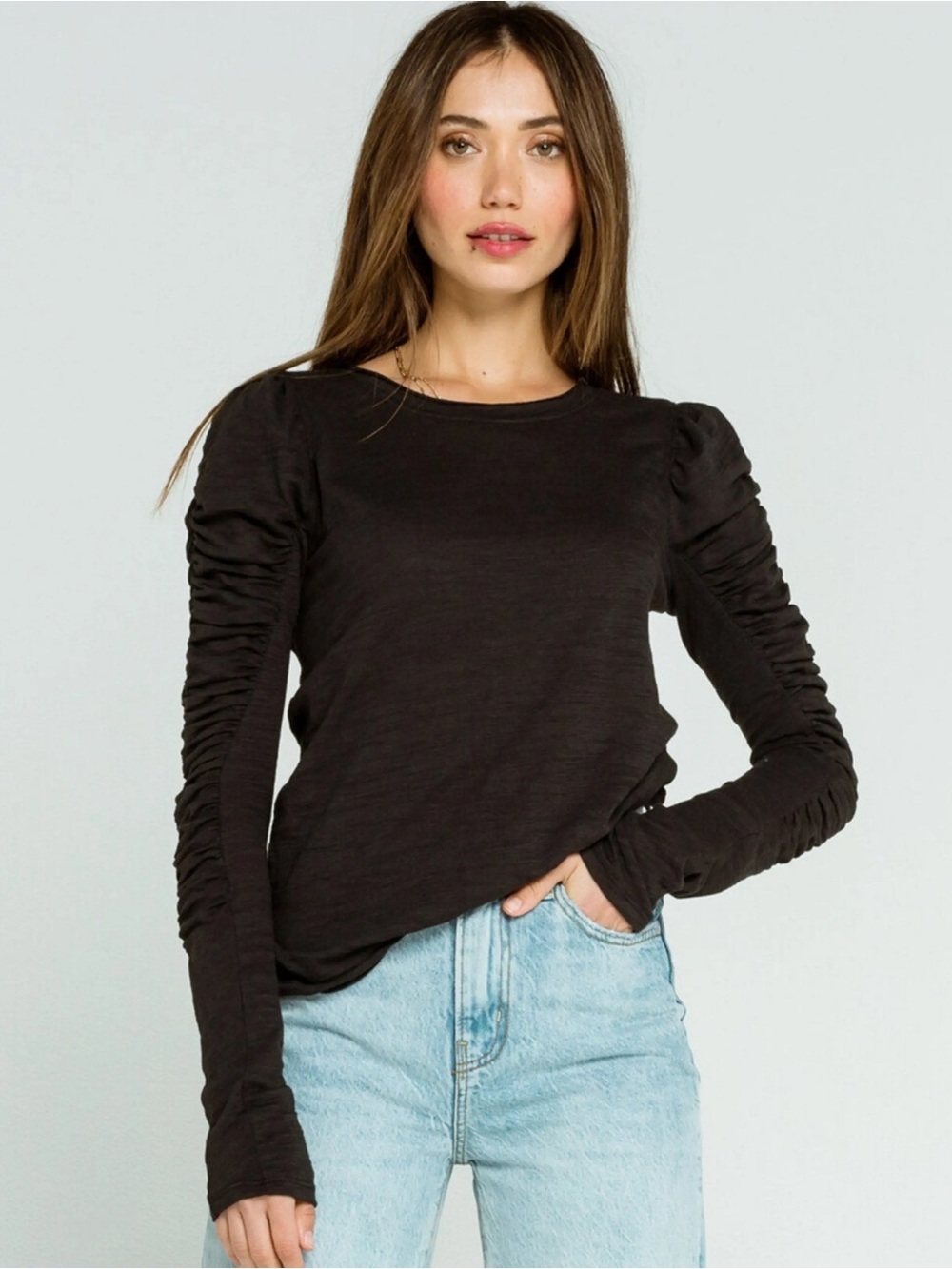 NWT Free People Natasha Black Ruched Long Sleeve Top XS Classic Whimsigoth Chic